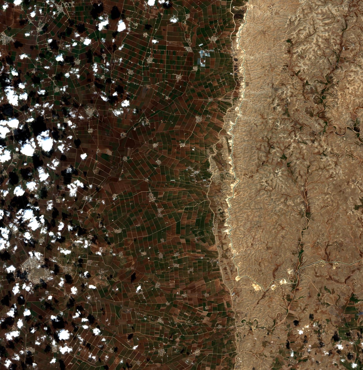 Satellite image of the same site in mid-February 2025, late winter. Predominantly bare, dormant fields.