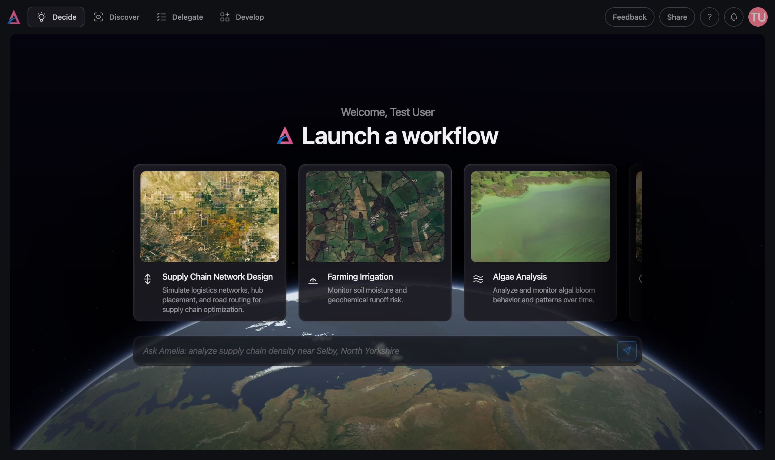 Amelia's Planetary Intelligence Platform — Launch a workflow screen with Supply Chain Network Design, Farming Irrigation, and Algae Analysis workflows, Earth globe visible below