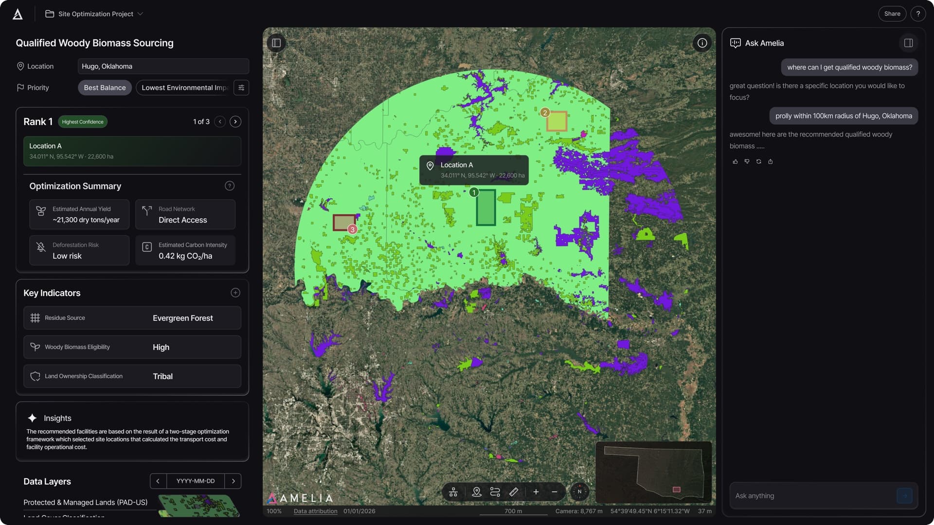 Amelia platform Decide mode — qualified biomass sourcing with AI-orchestrated analysis