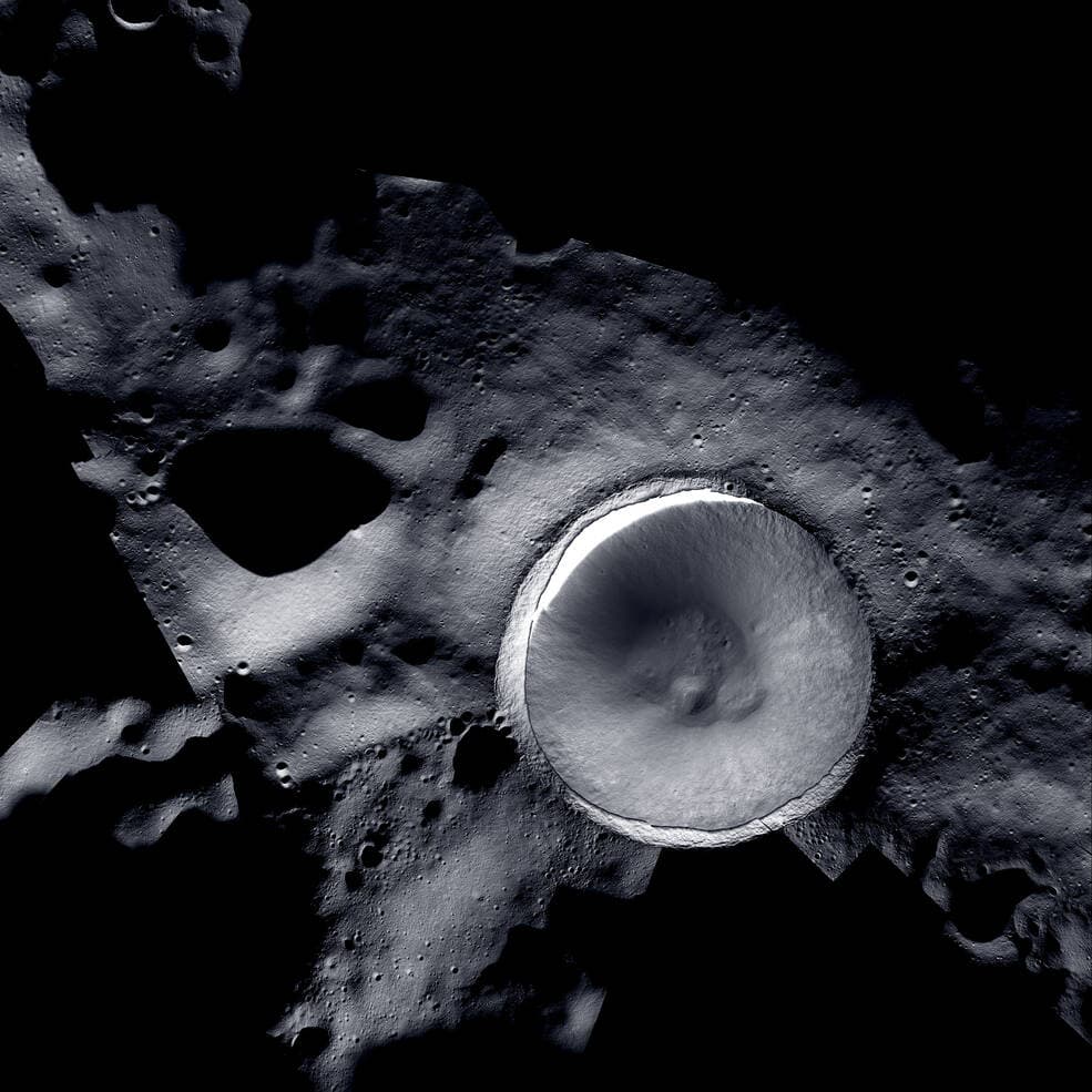 Shackleton Crater at the lunar south pole — ShadowCam / LROC mosaic (NASA / KARI / ASU)